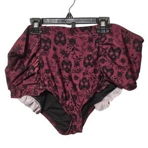 Hot Topic Maroon‎ Sugar Skull Floral High-Waisted Swim Bottoms Plus Size